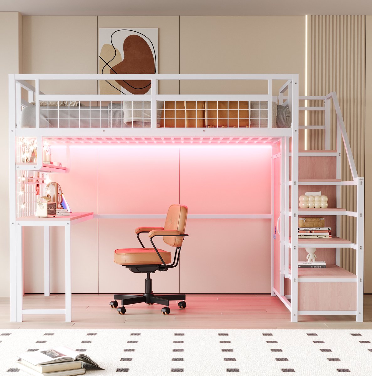 REDOM - Hoogslaper - Met opbergladder en kledingkast - Met bureau en legplank - Met verlichting en stopcontact - Metaal en MDF - 140 x 200 cm