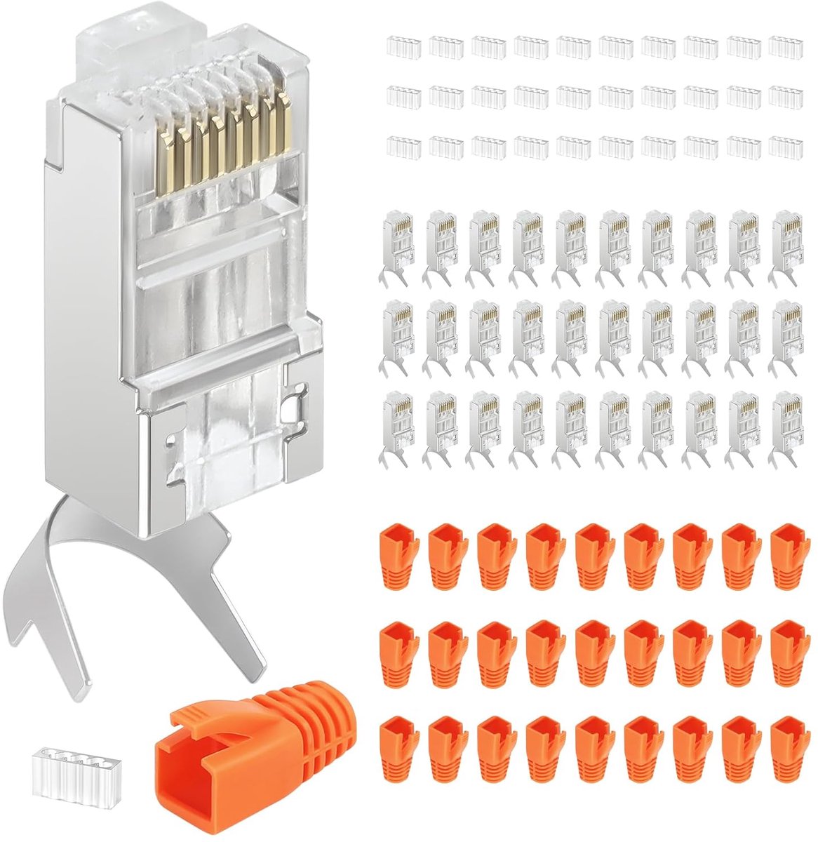 SnelShoppen - 30 Sets RJ45 Plug voor Netwerk, RJ45 Cat7 Ethernet Connector met Oranje Beschermhoes, Transparante Beugel, Pass Through Connectors voor