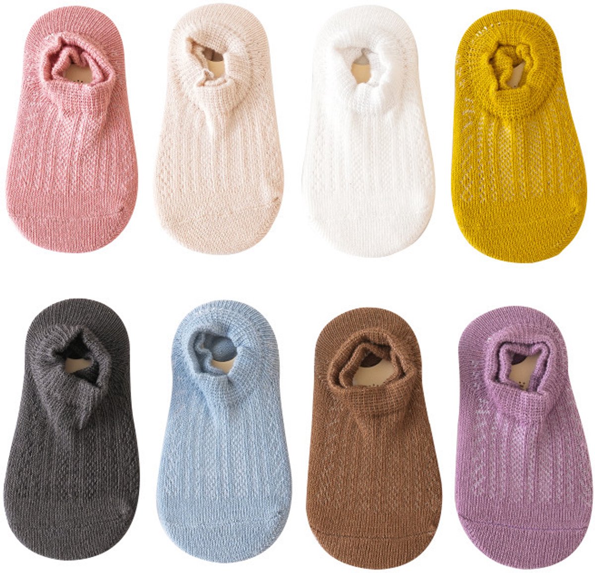 Set van 8 paren ademende mesh antislip babysokjes maat S, lage instap vloersokjes met siliconen grip voor baby’s van 0 tot 1 jaar, zomer sokjes voor veilig kruipen en lopen binnenshuis