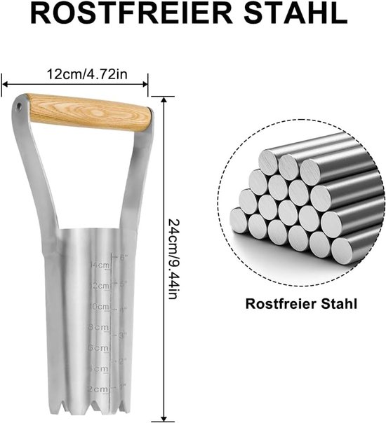 Shower Plant - Flower Bulb Planter - RVS Tuingereedschap - Gatspade met Houten Handvat en Diepteschaal - Voor Zaaien van Zaden in Tuinen en Wieden — afbeelding 4