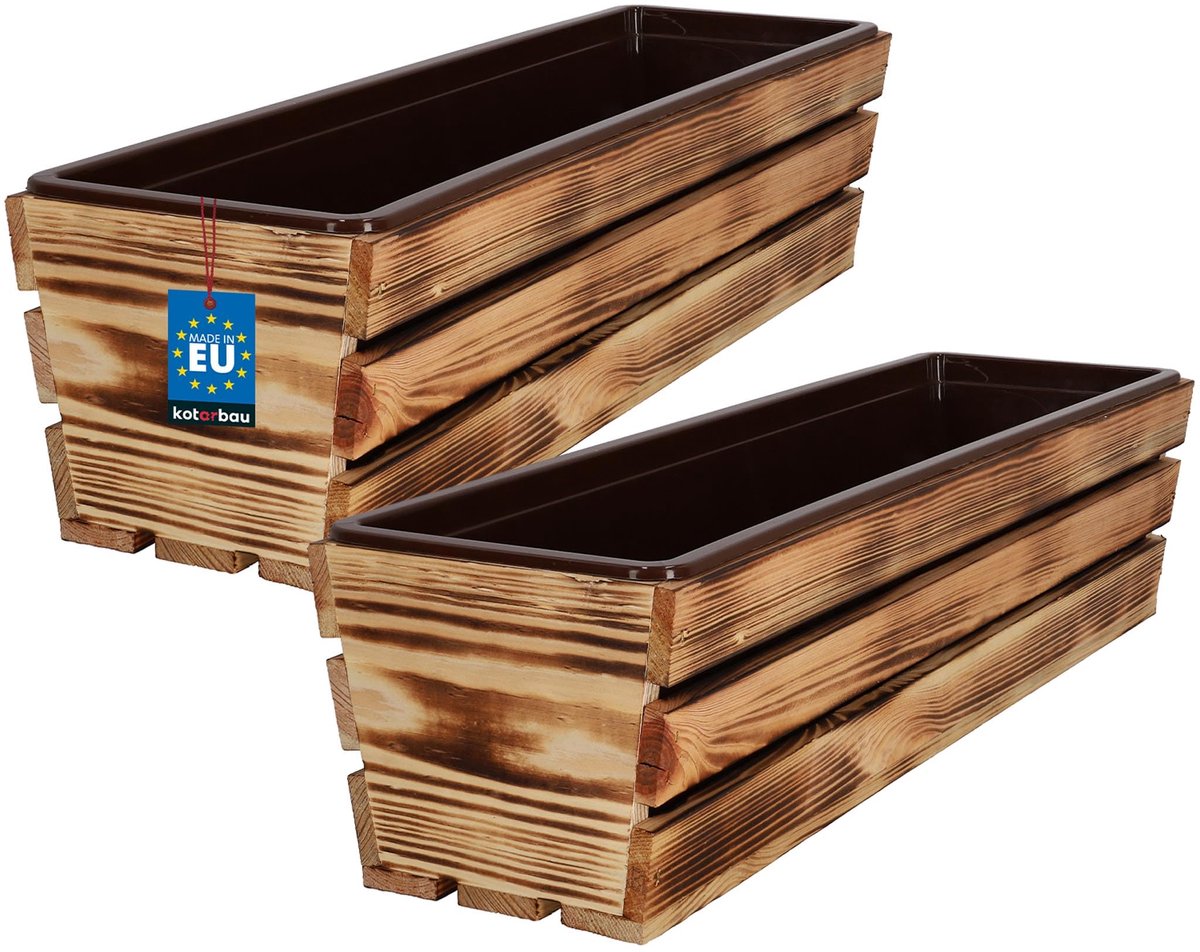 KOTARBAU® 2 Stuks - Houten Plantenbak - Bloembak Hout - met Kunststof Inzetstuk - Balkonbak - 60 x 18 x 15 cm - Rustiek - voor Terras - Balkon - Deko Planten