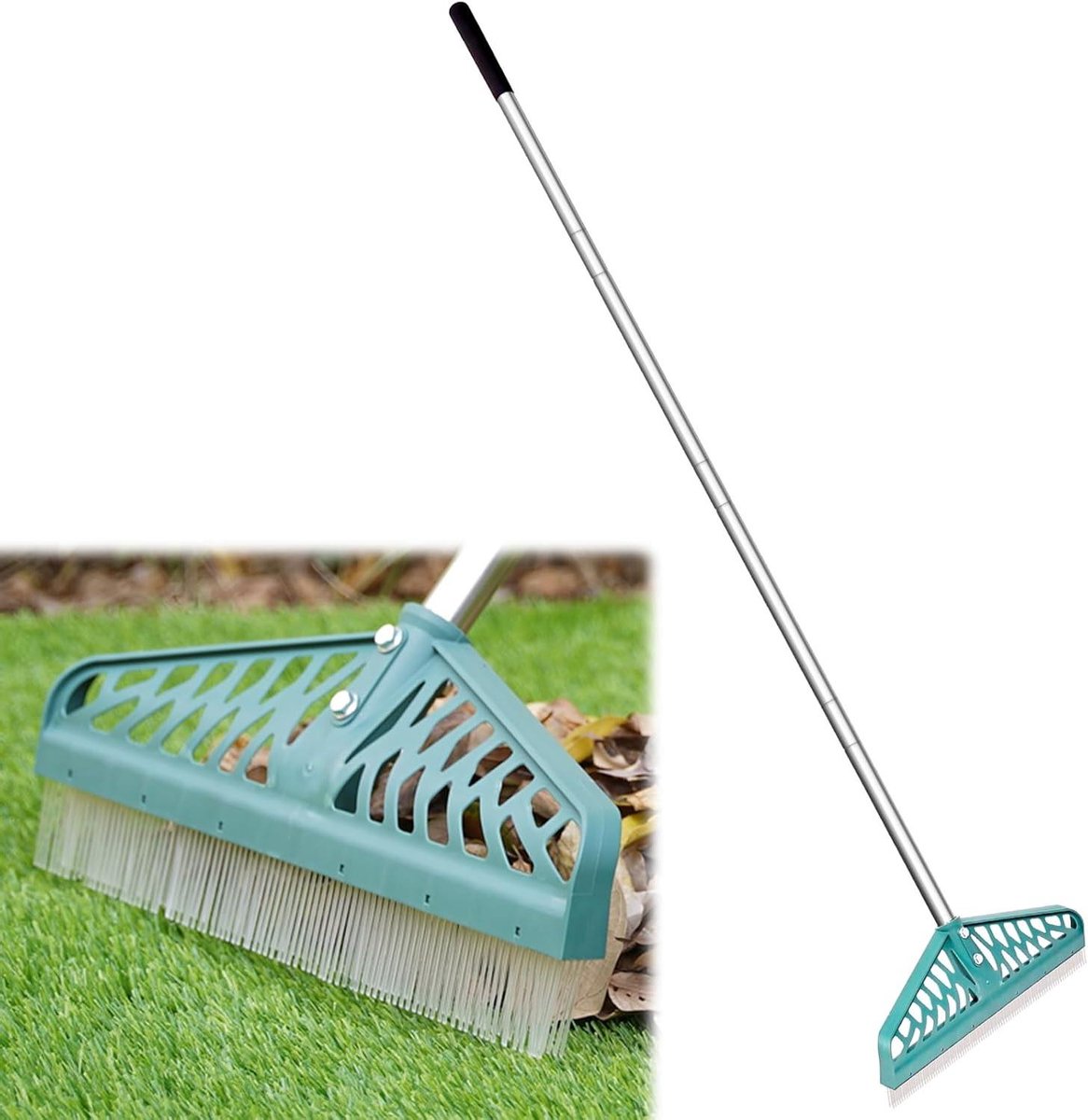 Kunstgrashark - Grasborstel Tapijt - Gazon Reinigen - Verstelbare Stalen Handgreep - 90-150 cm - Zilver