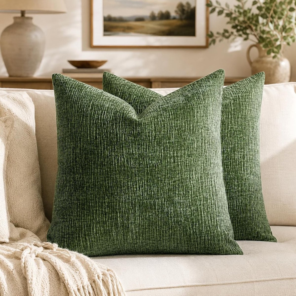 Elegante Chenille Kussenhoezen Set van 2 in Olijfgroen voor Bank en Bed, 40x40cm, Zachte Decoratie voor Woonkamer en Slaapkamer