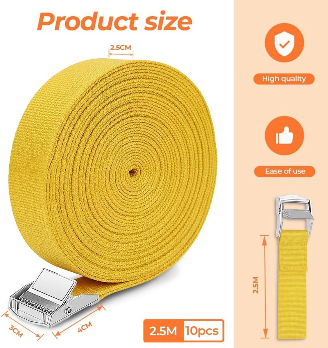 Spanbanden met klemslot - Geel - 2,5 m x 25 mm - Verstelbare Bevestigingsriemen met Ratel - Voor Auto, Motorfiets, Fiets, Bagage, Camping