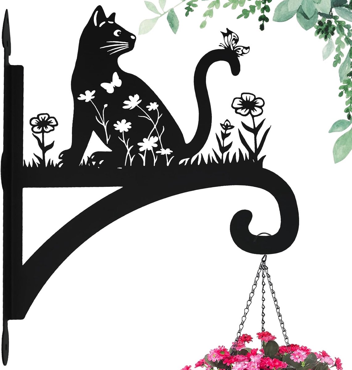 Plantenhanger Buiten- Zware Gietijzeren Muurhaak met Schattig Kat Silhouet -Hangende Plantenbeugel voor Bloempotten en Lantaarns - Zwart