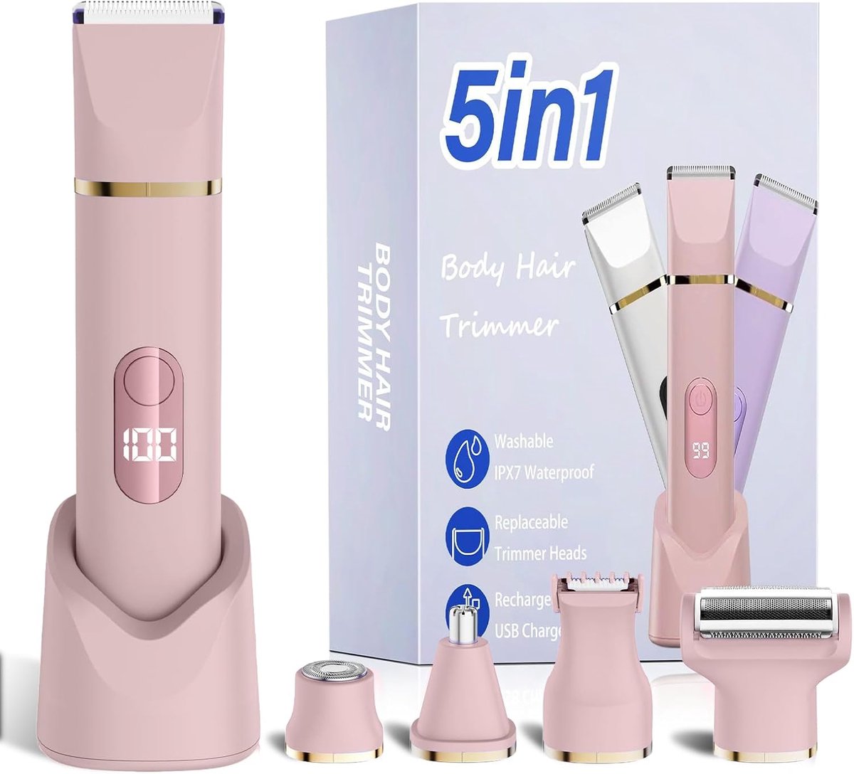 SnelShoppen - Bikini Epilator 5-in-1 Draadloos Elektrisch Lichaamsmes IPX7 Waterdicht 5 Verwisselbare Koppen voor Gezicht, Benen en Intieme Zone Haarv