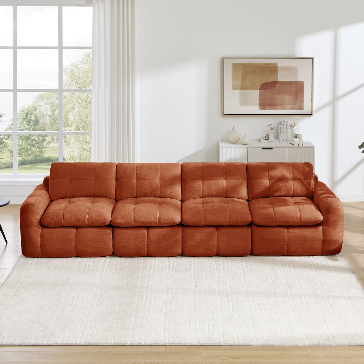Intebiki 4-zits Hoekbank - Chenille stof - Modulaire L-vormige zitbank - Geen montage nodig - oranje