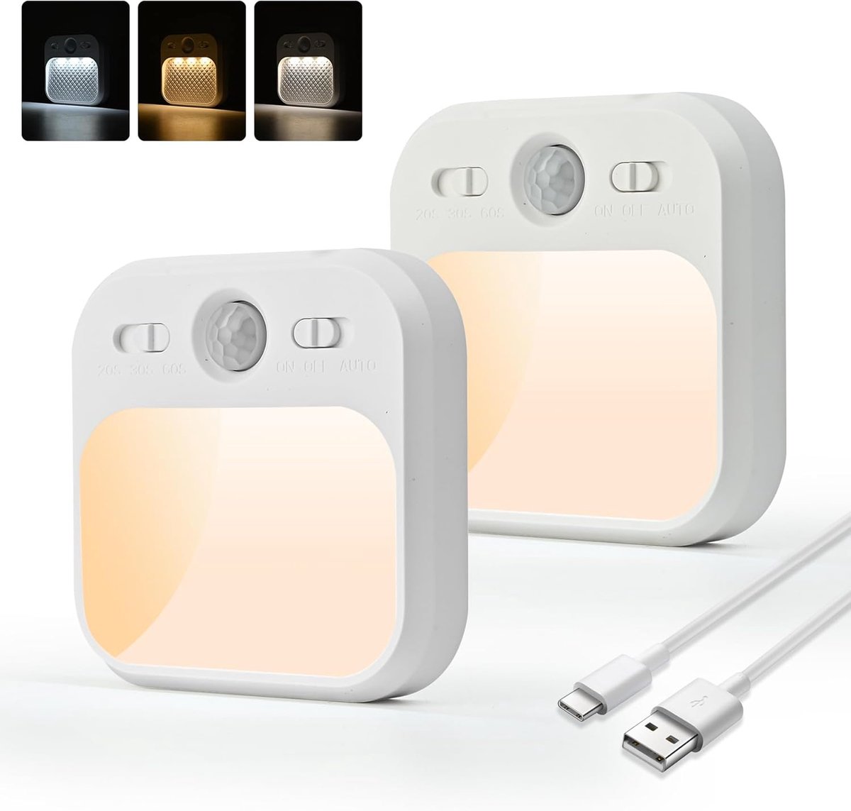 Nachtlamp met bewegingssensor – 3 kleuren & continue dimming – oplaadbaar via USB – 3 verlichtingsmodi (AAN/AUTO/UIT) – ideaal voor kinderkamer, gang, trap, kelder.