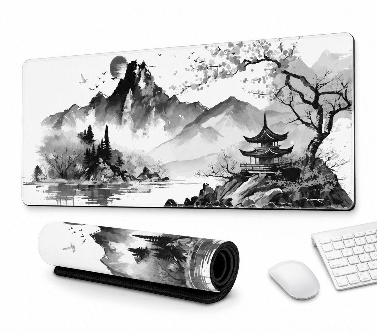 VHV-Grote Muismat - Extra Grote Bureauonderlegger voor Computer en Toetsenbord - Antislip Gaming Muismat met Zwart-Wit Landschap en Kersenbloesem - 400x900x3 mm