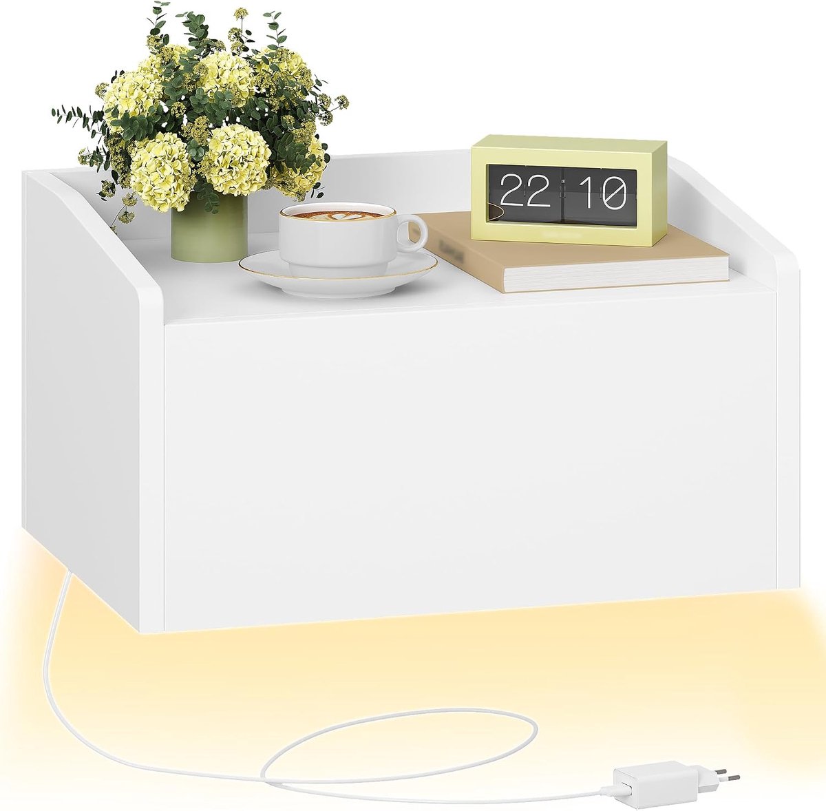 Hzuaneri Wandgemonteerd nachtkastje, zwevend nachtkastje met ledverlichting, wandmeubel met 1 lade, modern, voor slaapkamer en woonkamer, wit