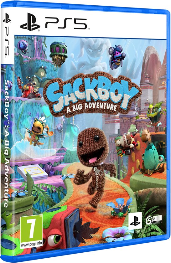 Gamecover Sackboy: A Big Adventure voor PS5. Een vrolijke, kleurrijke wereld met Sackboy en andere personages.