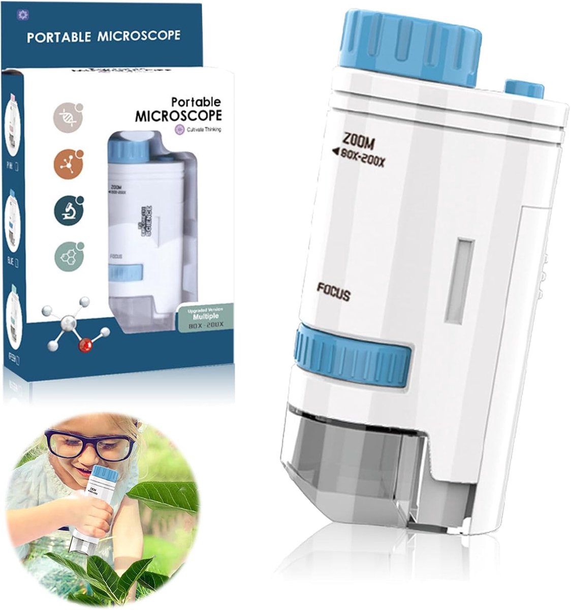 Draagbare microscoop voor kinderen 200x – zakmicroscoop met LED-verlichting – experimenteel speelgoed en educatief cadeau voor kinderen en volwassenen.