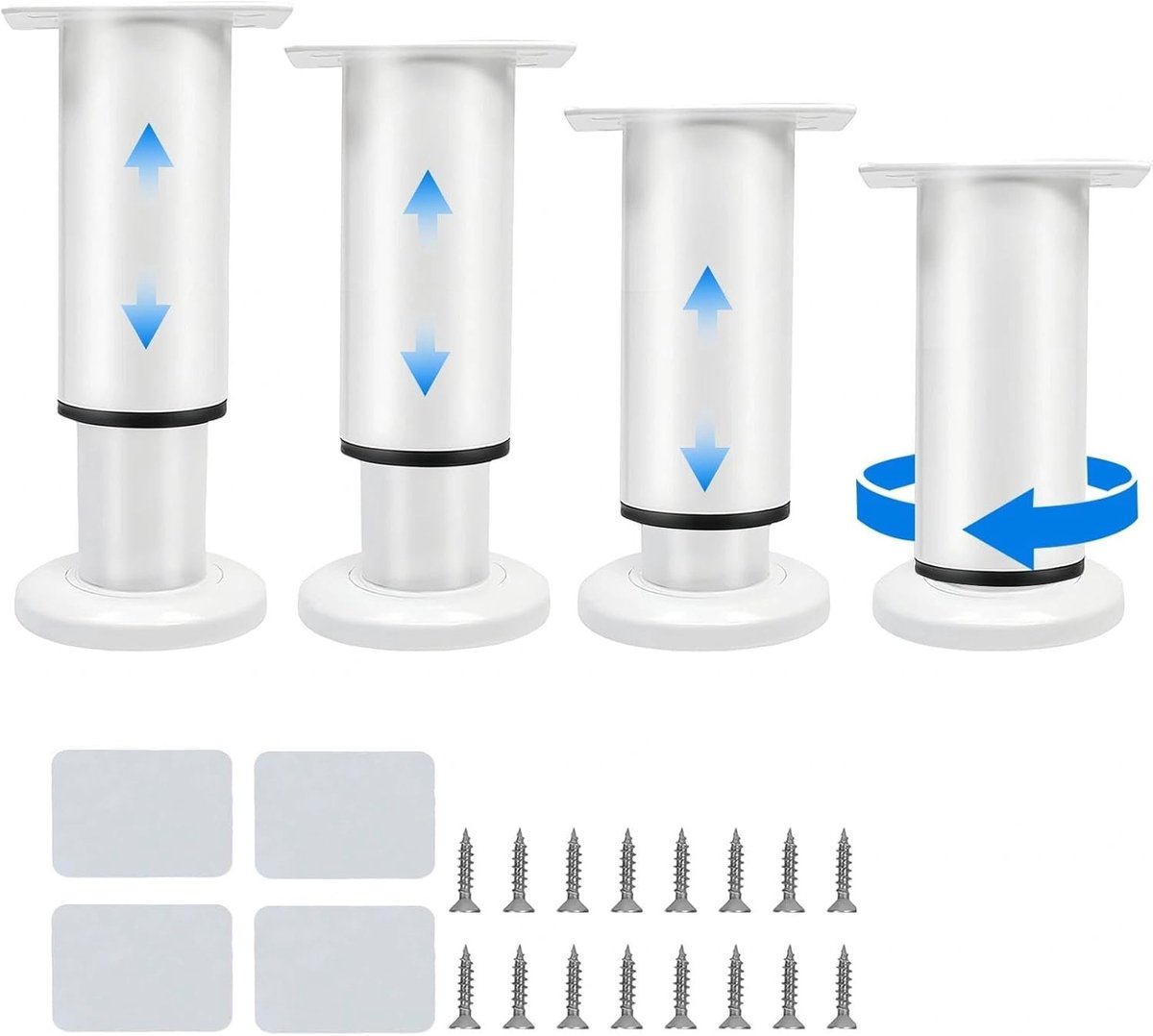 Verstelbare meubelpootset van 4 stuks, 12-18 cm, witte metalen poten voor meubels, inclusief schroeven en lijm
