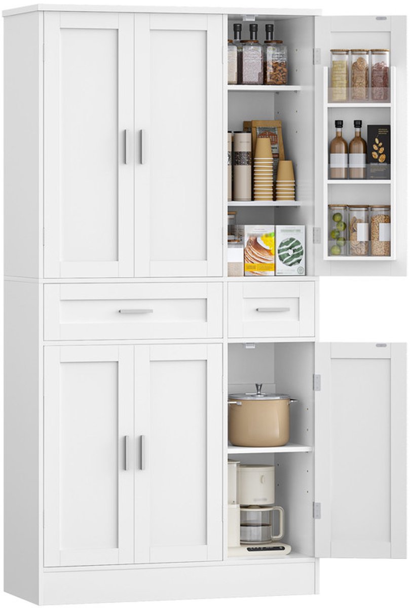 Hzuaneri Buffetkast, keukenkast met 9-traps plankensysteem aan de achterkant van de deur, dressoir met 6 deuren en 2 grote laden, moderne stijl, keuken, woonkamer, 40 x 92 x 180 cm, Wit