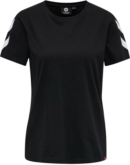 Zwart Hummel sportshirt voor dames met witte biezen op de mouwen.