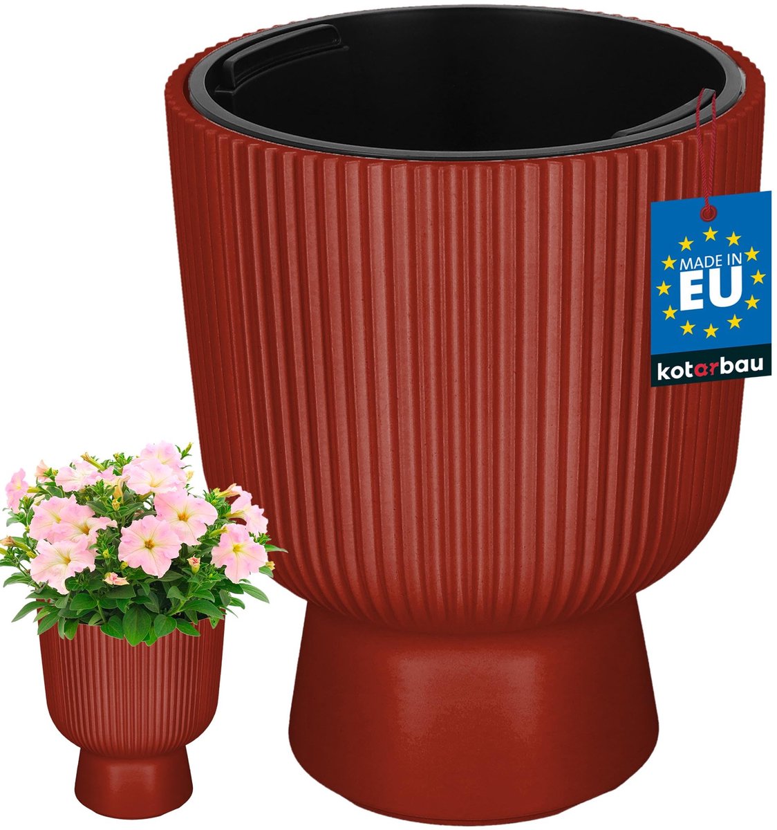 KOTARBAU® Bloempot - Plantenpot Ø 23 cm - met Binnenpot - Geribbelde Plantenbak - Plantenpot met Voet - Plantenbak - Kunststof - H: 30 cm - Baksteen