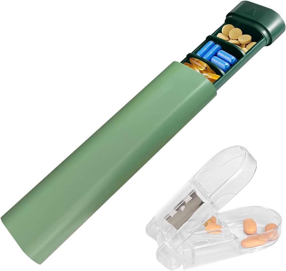 Weekly Pill Organizer voor 7 Dagen met Tablet Cutter en Opbergruimte voor Vitaminen - Groen, Ideaal voor Reizen en Dagelijks Gebruik