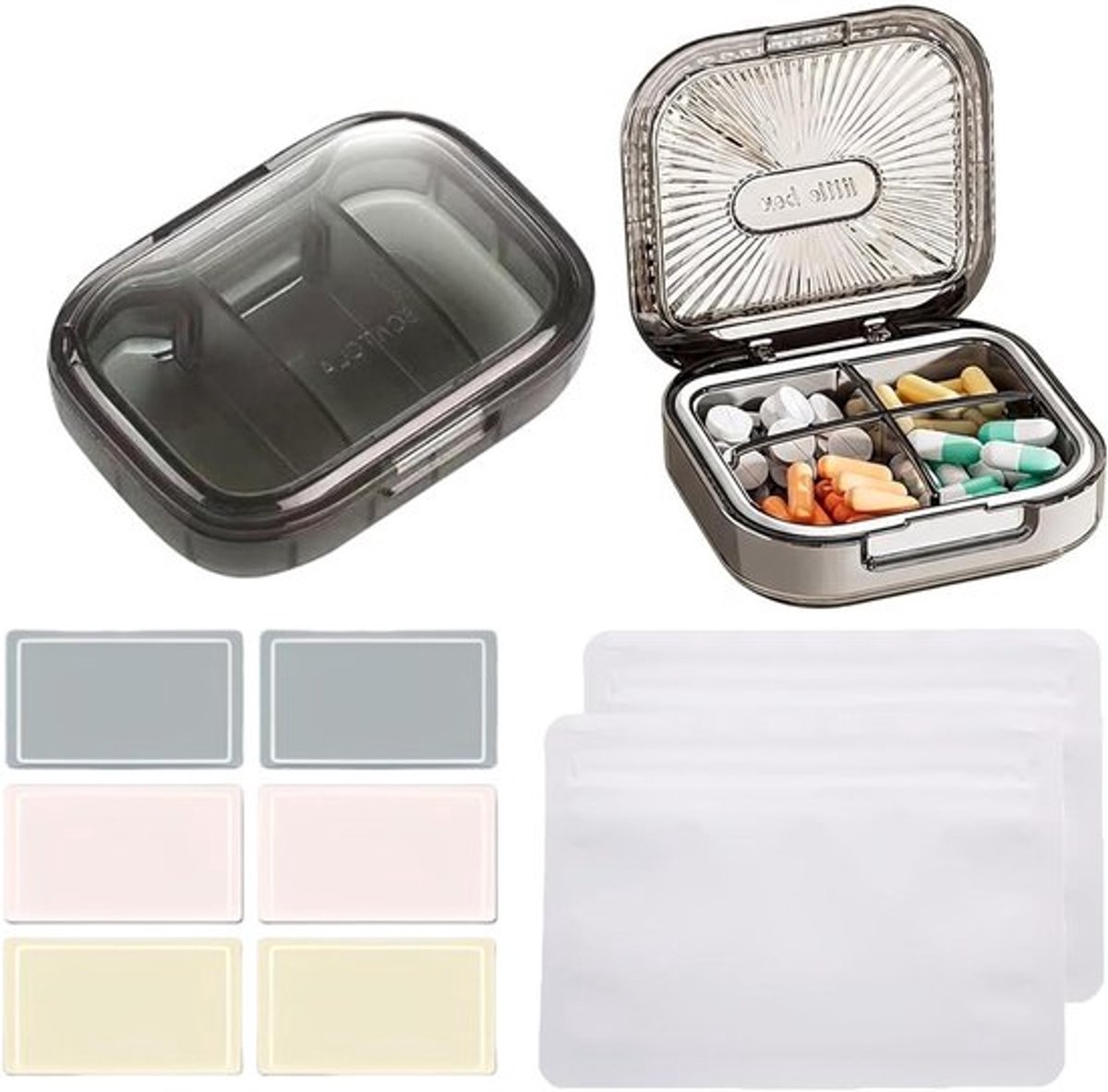 Compacte Medicijn Organizer met 6 Compartimenten, Draagbare Reispillendoos voor Voedingssupplementen, Set van 2 Pouches en 6 Labels voor Gemakkelijk Gebruik