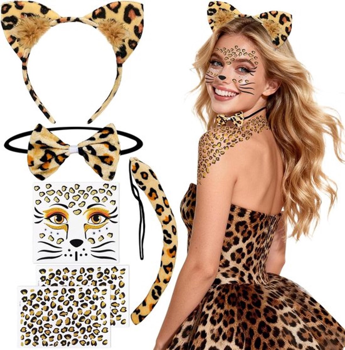 Dierenkostuum voor Vrouwen en Kinderen met Luipaard Oren, Hoofdband, Staart en Gezichts Tatoeage voor Carnaval en Feestjes