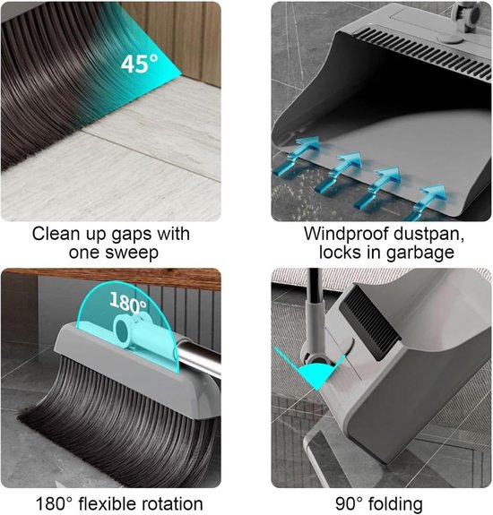 Stoffer en Veger Set - Reinigingsgereedschap Lange Handgreep - Vloeren Schoonmaken - Rugvriendelijk Ontwerp - 3 Delen - Grijs — afbeelding 5