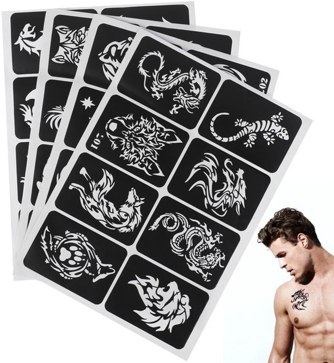 Tattoosjablonen 32 stuks - Zelfklevende sjablonen - 29,3 x 21 cm - Nauwkeurige tijdelijke airbrush-sjablonen - Voor gezicht en lichaam - Tijdelijke tatoeagekunst - Tijdelijke Tatoeages