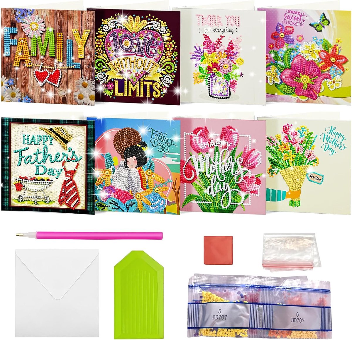 SnelShoppen - Set van 12 DIY Diamond Painting Wenskaarten met Envelop, Unieke Handgemaakte Kaarten voor Verjaardag, Moederdag, Kerst, Jubileum, Thanks