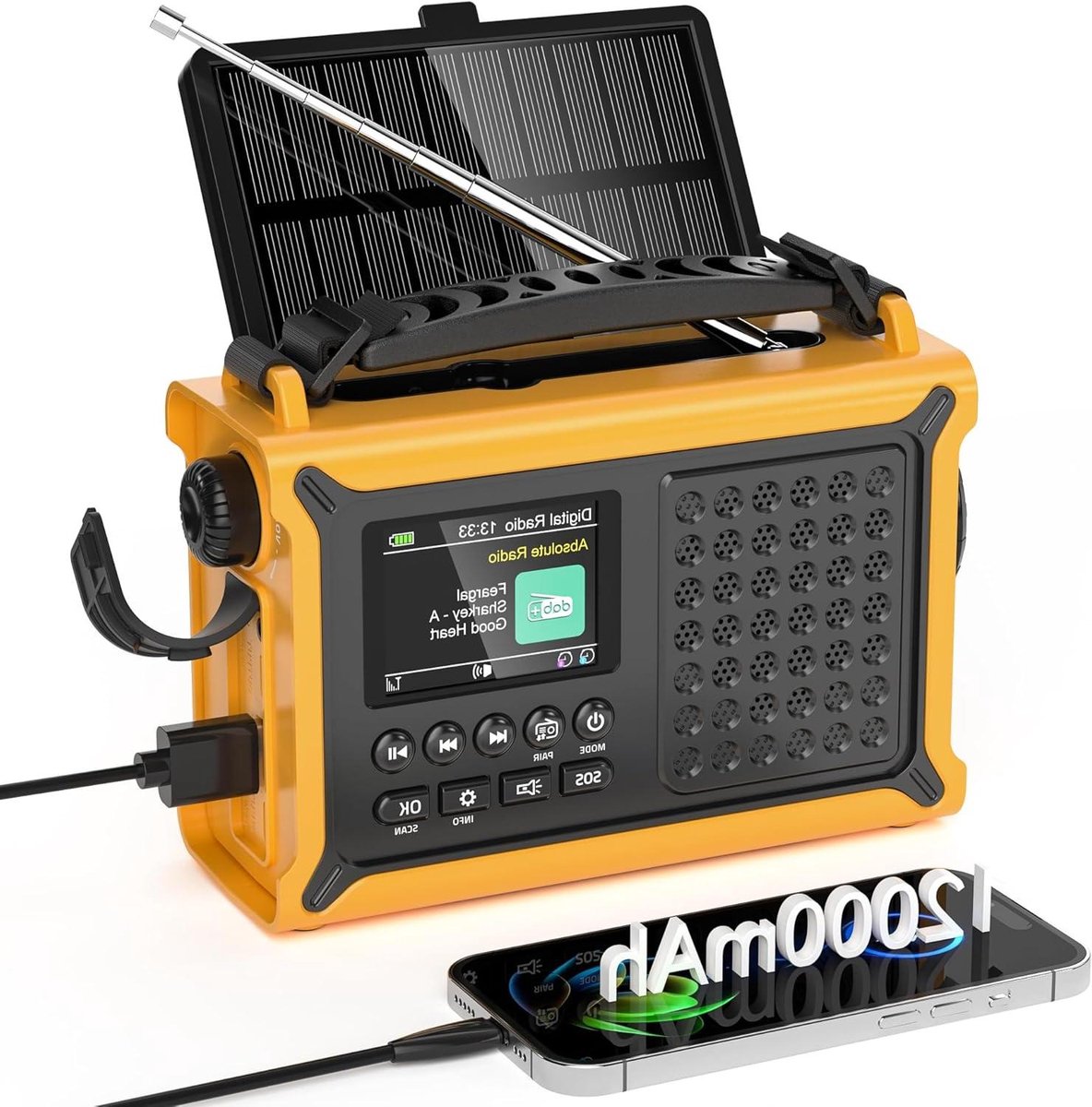 Digitale Radio - Draagbare Radio - Outdoor Luisteren - 5 Energiebronnen - 12000 mAh Batterij - Geel