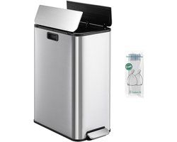 HILINSIE Keukenafvalbak, slanke afvalbak van 2 x 28 liter, afvalscheidingssysteem met uitneembare binnenemmers, inclusief 15 speciale afvalzakken, zilverkleurig