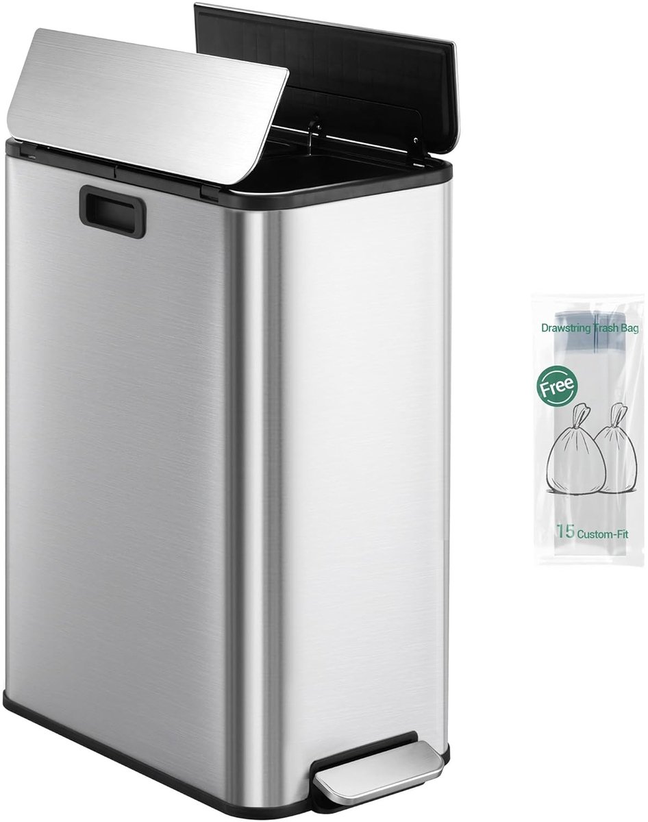 Hzuaneri Keukenafvalbak, slanke afvalbak van 2 x 28 liter, afvalscheidingssysteem met uitneembare binnenemmers, inclusief 15 speciale afvalzakken, zilverkleurig
