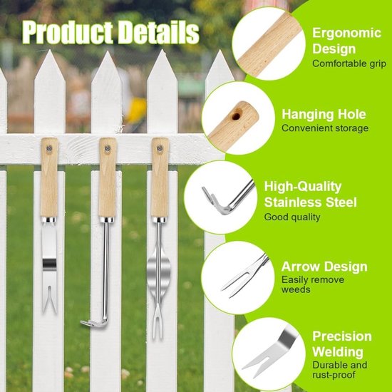 Handgereedschap voor Onkruidbestrijding - 3-delige Set met Lange Handvatten en Tuinhandschoenen, Ideaal voor Dandelions en Planten Verplanten van Merkloos	 — afbeelding 2