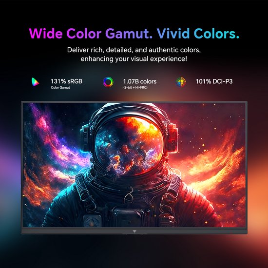 Monitor met een astronaut in de ruimte. Tekst bovenaan: 'Wide Color Gamut. Vivid Colors.'. Kenmerken: 131% sRGB, 1.07B kleuren, 101% DCI-P3.