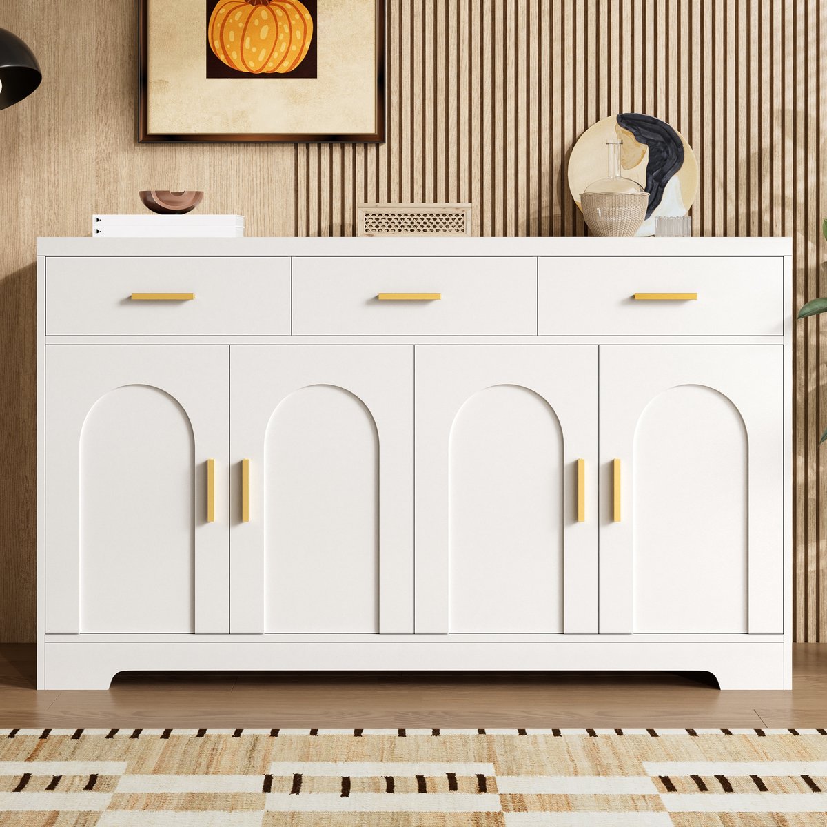 VVBV Dressoir - 140 x 40 x 83 cm, Wit, met 3 Lades en 4 Deuren, Verstelbare Planken, Reliëffronten, MDF & Metaal
