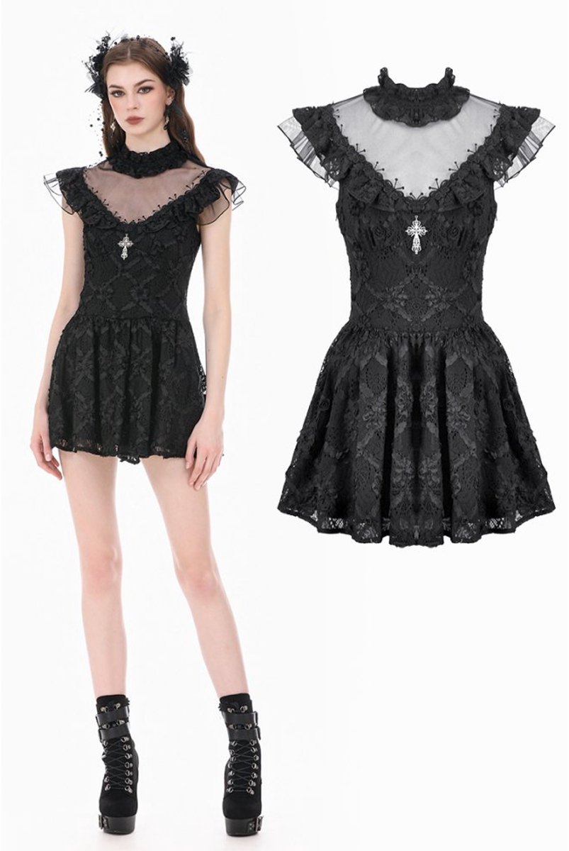 Dark in Love - Dark Sacred Lace HighNeck Korte jurk - M - Zwart