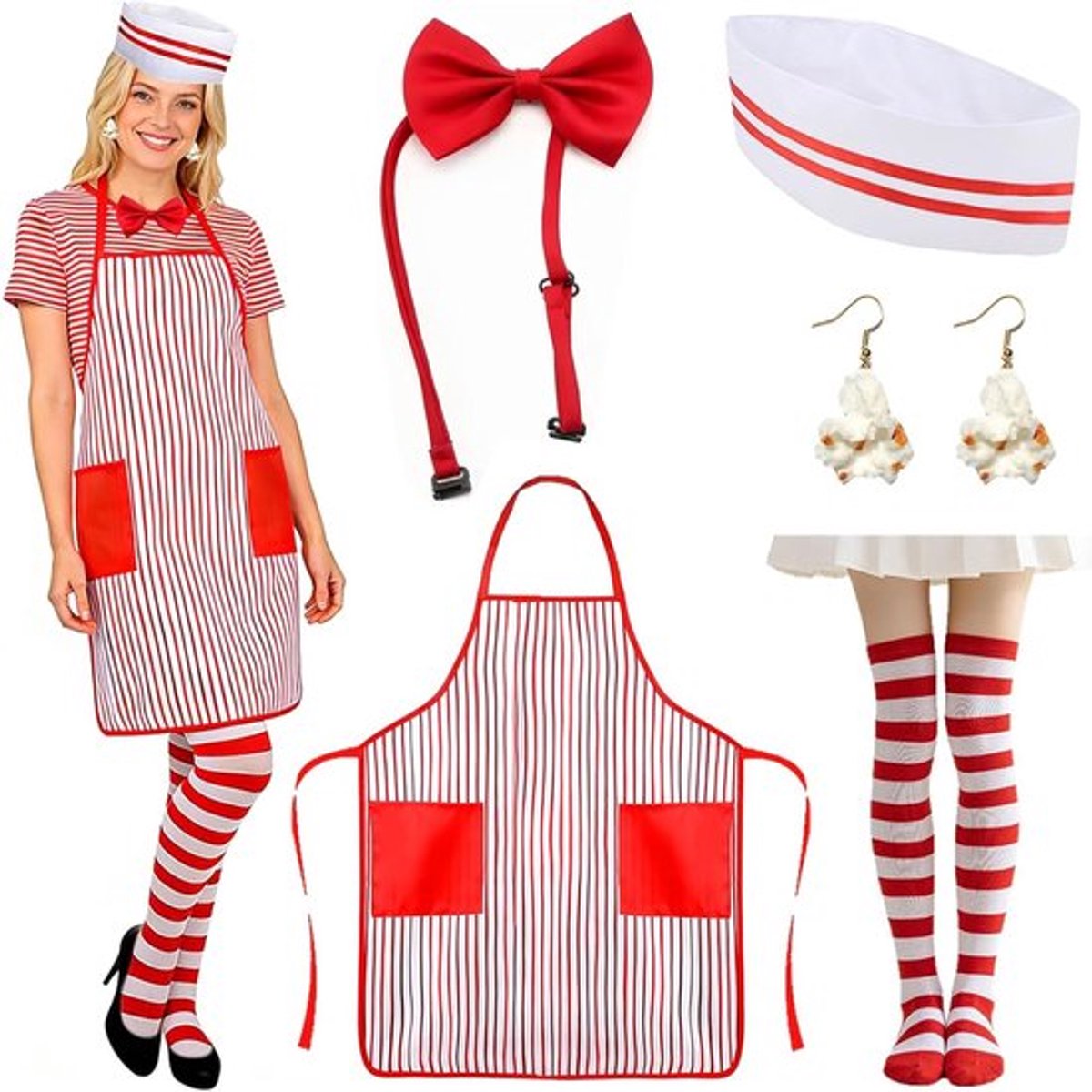Vijfdelige Popcorn Kostuumset met Schort, Chef Hoed en Strik voor Carnavals- en Halloweenfeesten, Retro 50s Stijl, Perfect voor Themafeesten en Verkleedpartijen