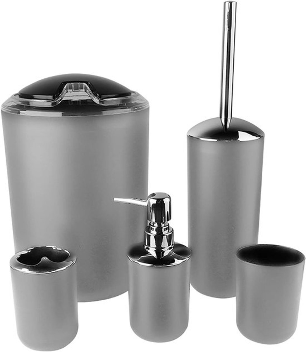 Complete Badkameraccessoireset van 6 Stuks - Tandenborstelhouder, Afvalbak, Zeepdispenser en Meer in Grijs - Duurzaam en Stijlvol voor Elke Badkamer