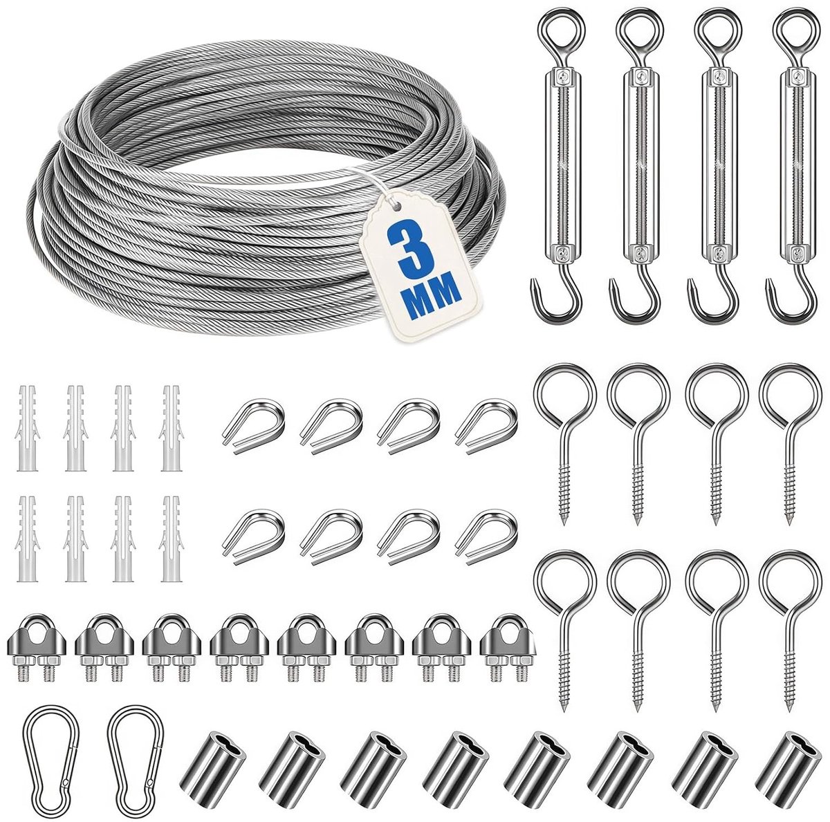 Staalkabel Set - Zilver - 20 m - Roestvrijstalen Kabel met PVC-Coating - Voor Tuin, Waslijn en DIY