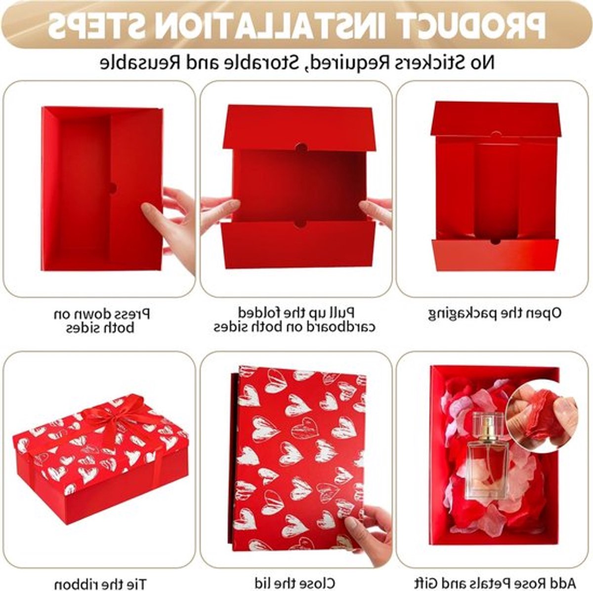 Elegante geschenkdoos voor huwelijksverjaardag met deksel, sleutelhanger en wenskaart, perfect voor Valentijnsdag en trouwdag met realistische rozenblaadjes en lint