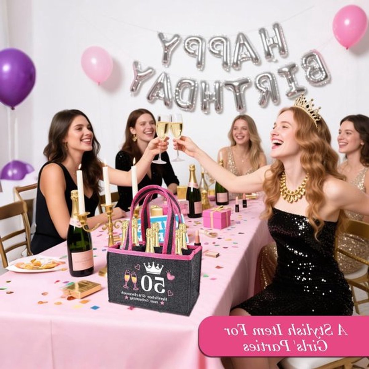 40ste Verjaardag Cadeau, Herbruikbare Flessentas voor 6 Bierflessen, Inclusief Flesopener en Kaart, Perfect voor Vrouw, Vriendin of Zus, Grijs-Roze Beer Carrier