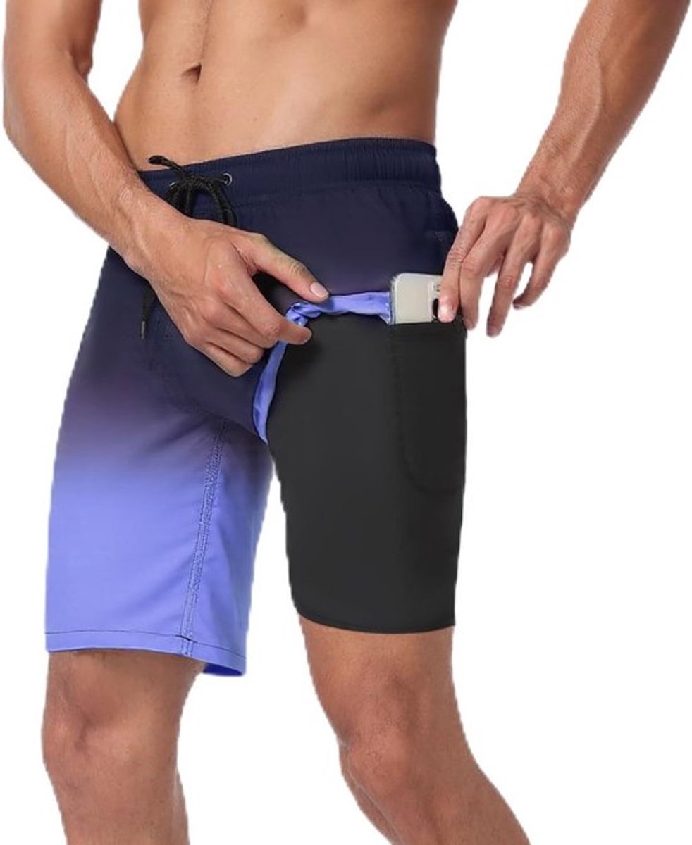 Heren Zwemshorts met Compressievoering, 2-in-1 Rekbare Strandshorts met Ritszakken, Sneldrogend voor Zomer en Surfen