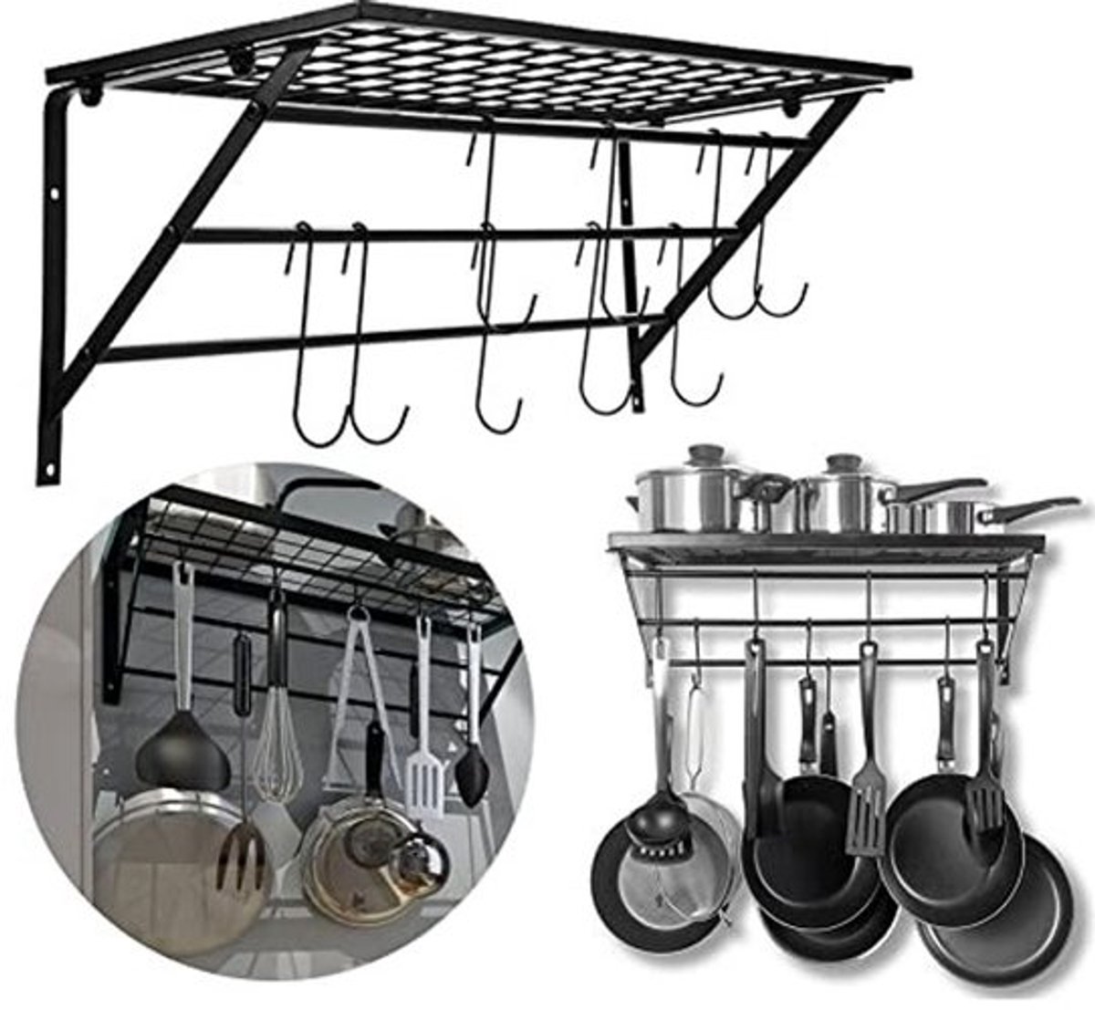Pannenrek met 10 Haken - Wandbeugel voor Keuken - Metalen Keukenrek - Hittebestendig - 62 x 25,5 x 25 cm - Roestvrij staal