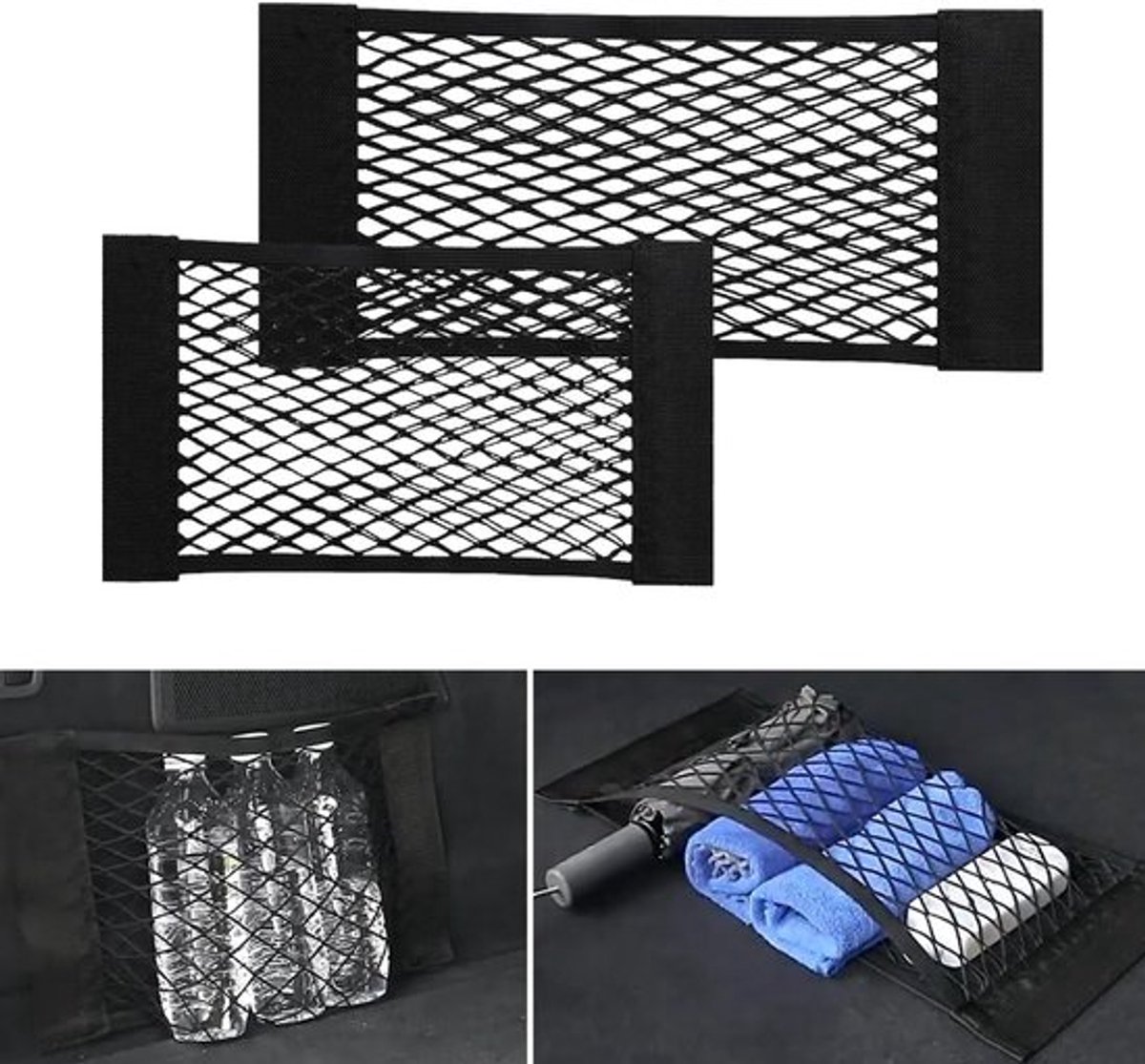 Set van 2 Auto Opbergnetten 60 x 25 cm en 40 x 25 cm, Elastische Opbergtas voor Kofferbak, Caravan en Bedrijfsvoertuigen