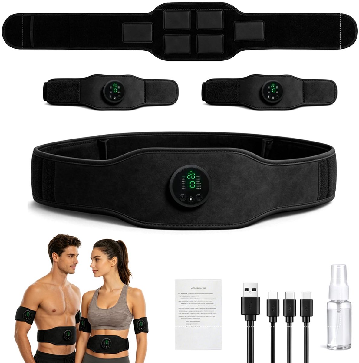 SnelShoppen - TECKZOON EMS Buikspierstimulator Set met 3 Apparaten, 1 Riem, 2 Armpads, USB 3-in-1 Oplaadkabel, Spuitfles, 12 Modi en 19 Intensiteitsni