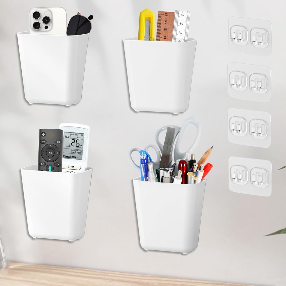 4 Pcs Self Adhesive Remote Control Organizer, Plastic Wall Hanging Holders, Mini Container Cup for Stationery, Makeup - ShopVlot