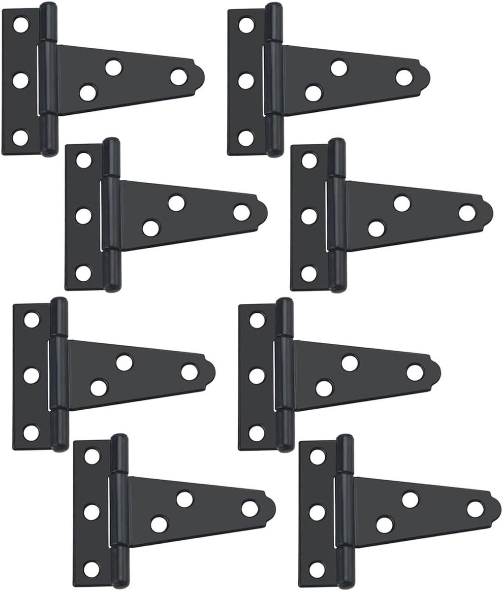 SnelShoppen - Pack van 8 T-Hengsels 75 mm voor Sterke Deuren, Zwarte Metalen Deurhengsels met 48 Schroeven voor Deuren, Ramen, Schuren, Hekken, Kasten