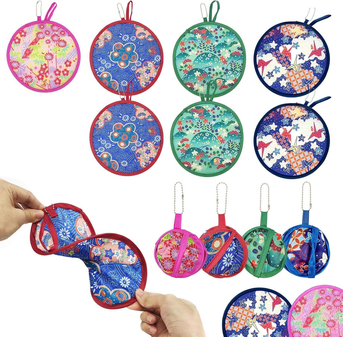 SnelShoppen - 7 Stuks Vouwbare Handfan, Ronde Vouwbare Chinese Ventilator, Draagbare Vrouwelijke Handfan voor Feest, Decoratie, 21 cm, Kleurrijke Patr