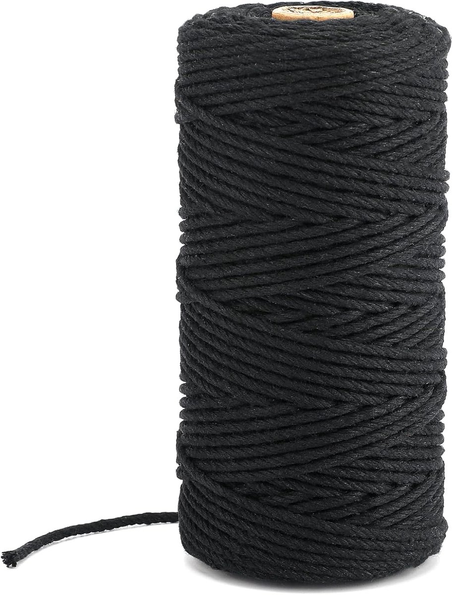 SnelShoppen - Macrame Touw 3mm 100m Zwart Katoenen Touw voor Creatieve Klussen, Decoratief Touw voor Versiering, Plantenhanger, Breien, Wanddecoratie,
