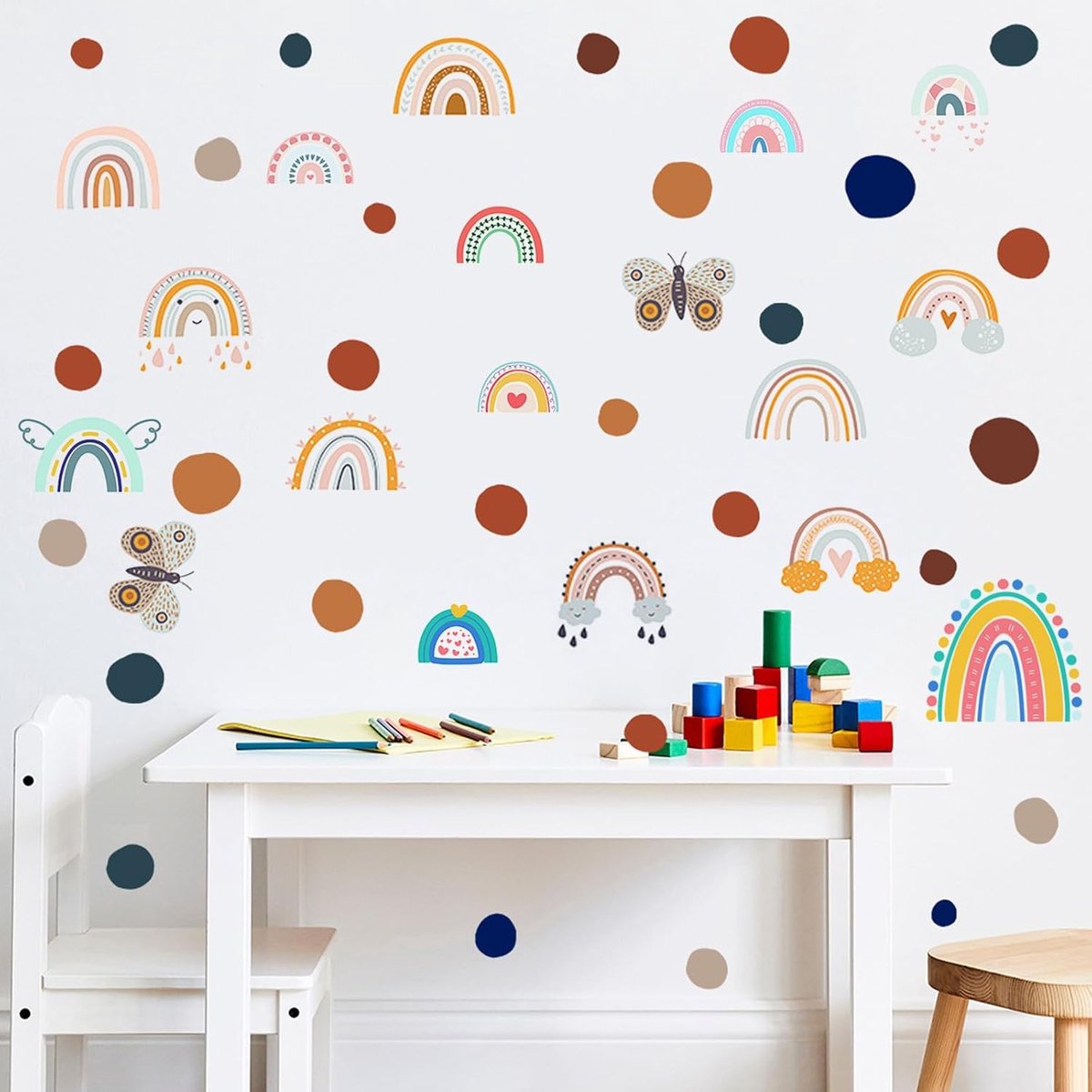 SnelShoppen - Regenboog Muurstickers, Schattige Regenboog Wanddecoratie, 8 Vellen Regenboog Muurstickers en 2 Vellen Irregulaire Stip Boho Wandsticker