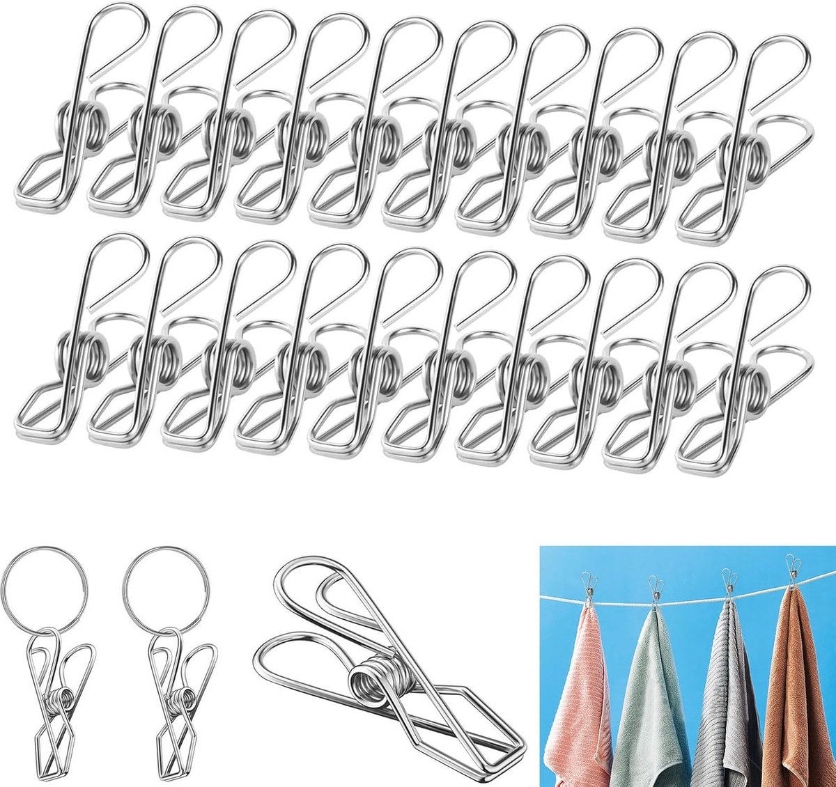 SnelShoppen - 100 Stuks Kledingknijpers RVS, 2 in 1 | Inclusief 50 RVS Rings, Zilver, Stabiel, Roestvrij, Voor Handdoeken, Kleding, Sokken, Waslijn, K