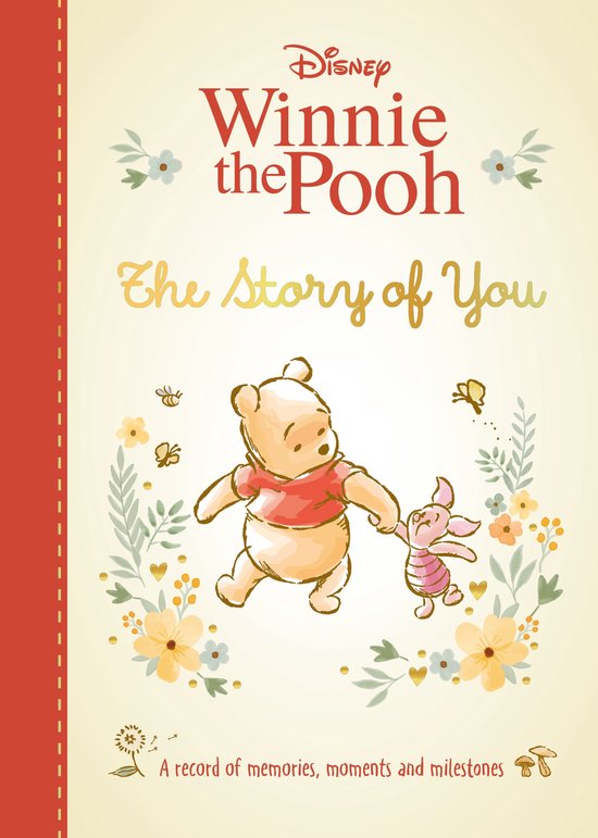 Disney Winnie de Poeh boek omslag met Poeh en Knorretje, bloemen en tekst 'The Story of You', 'A record of memories'.