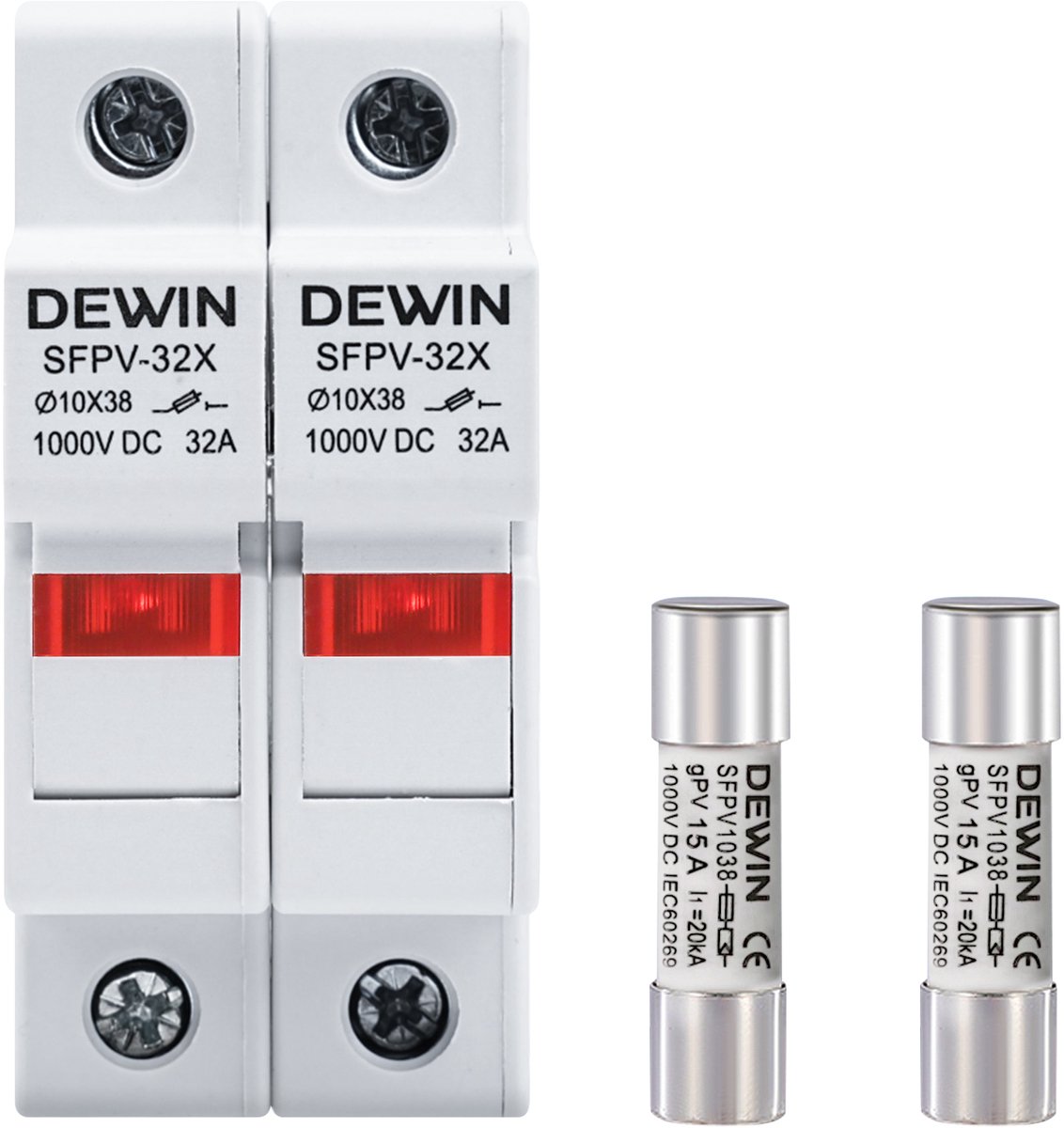 DEWIN zekeringhouder 2P DIN-rail DC 1000V 32A – voor PV/fotovoltaïsch - Zekeringhouder voor zonnepanelen - geschikt voor 10x38mm zekering - incl. 2 stuks 15A zekeringen